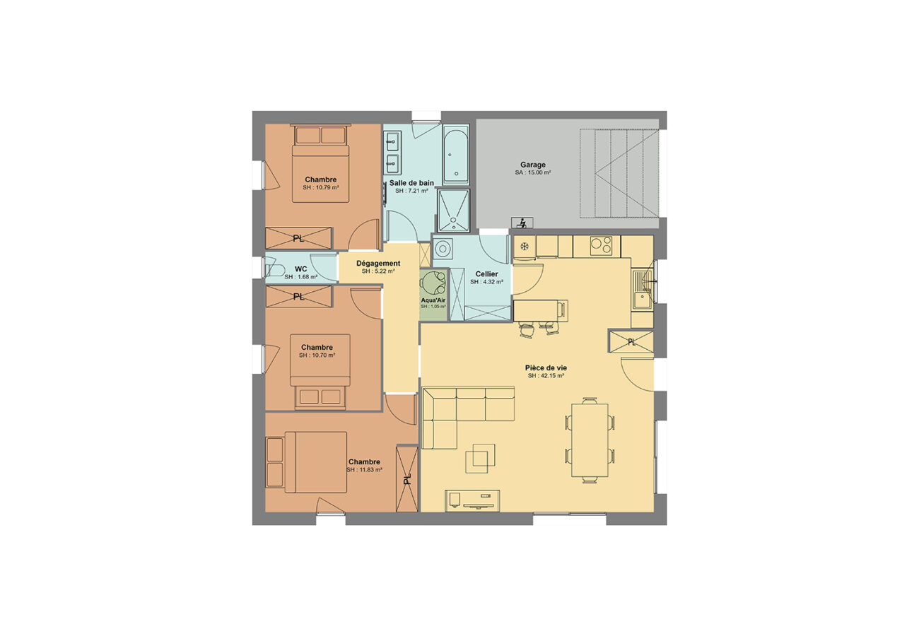 Plan de maison 3 chambres avec garage_Balaitus