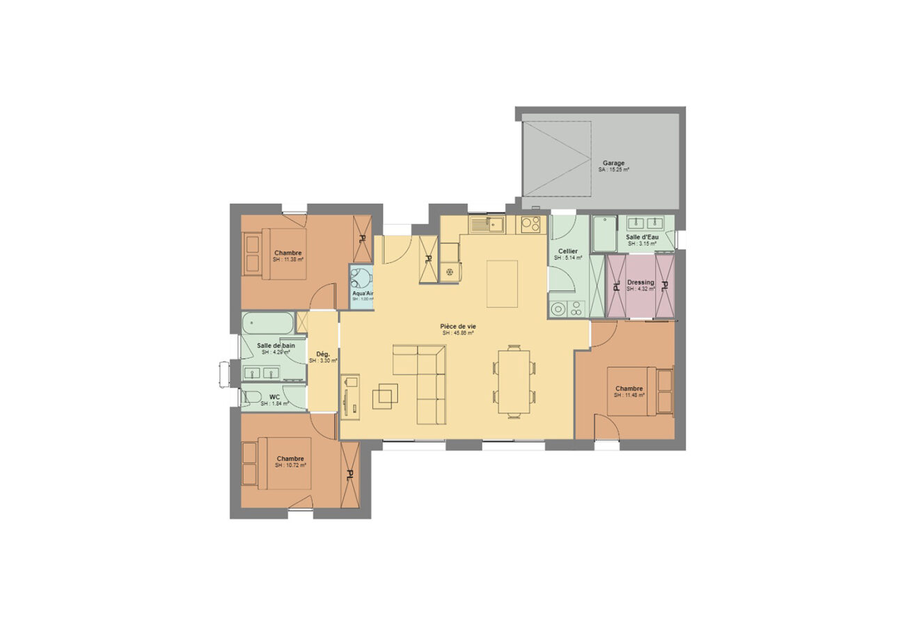 Plan d'une maison 3 chambres avec suite parentale et un garage dans le Béarn