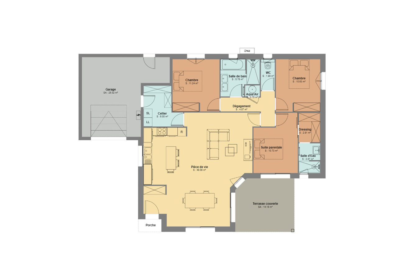 Plan d'une maison 3 chambres avec garage et terrasse couverte dans le pays basque