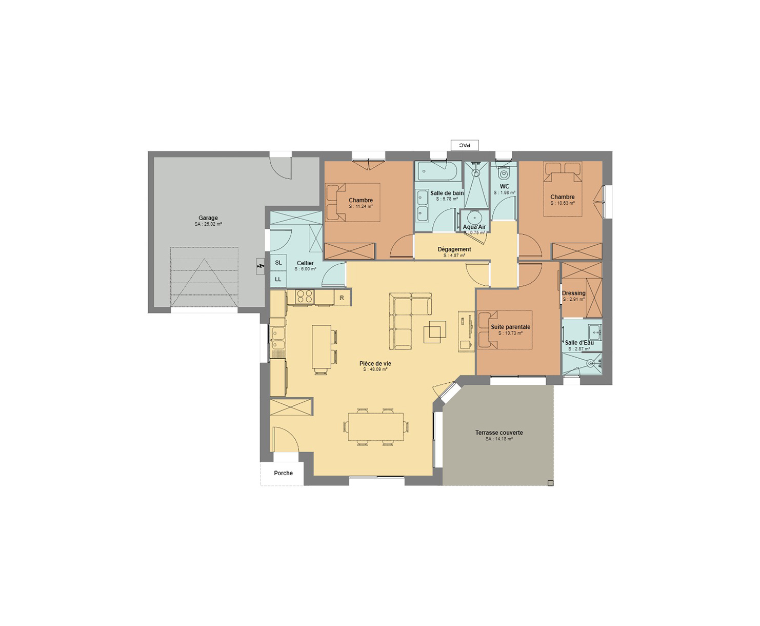 Plan d'une maison 3 chambres avec garage et terrasse couverte dans le pays basque