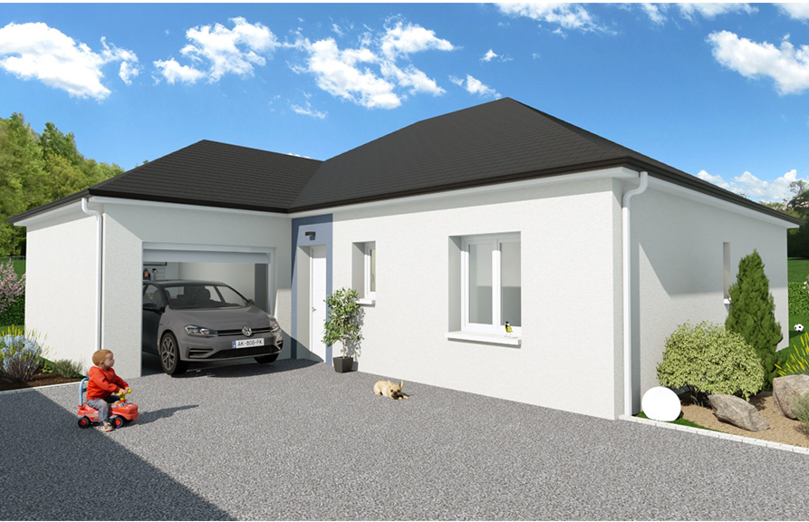 Maison moderne avec un garage et une toiture tuiles noires