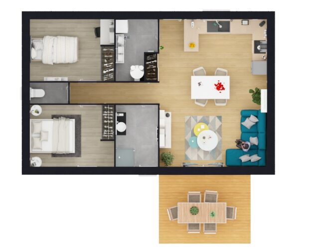 Plan de maison de plain pied avec 2 chambres