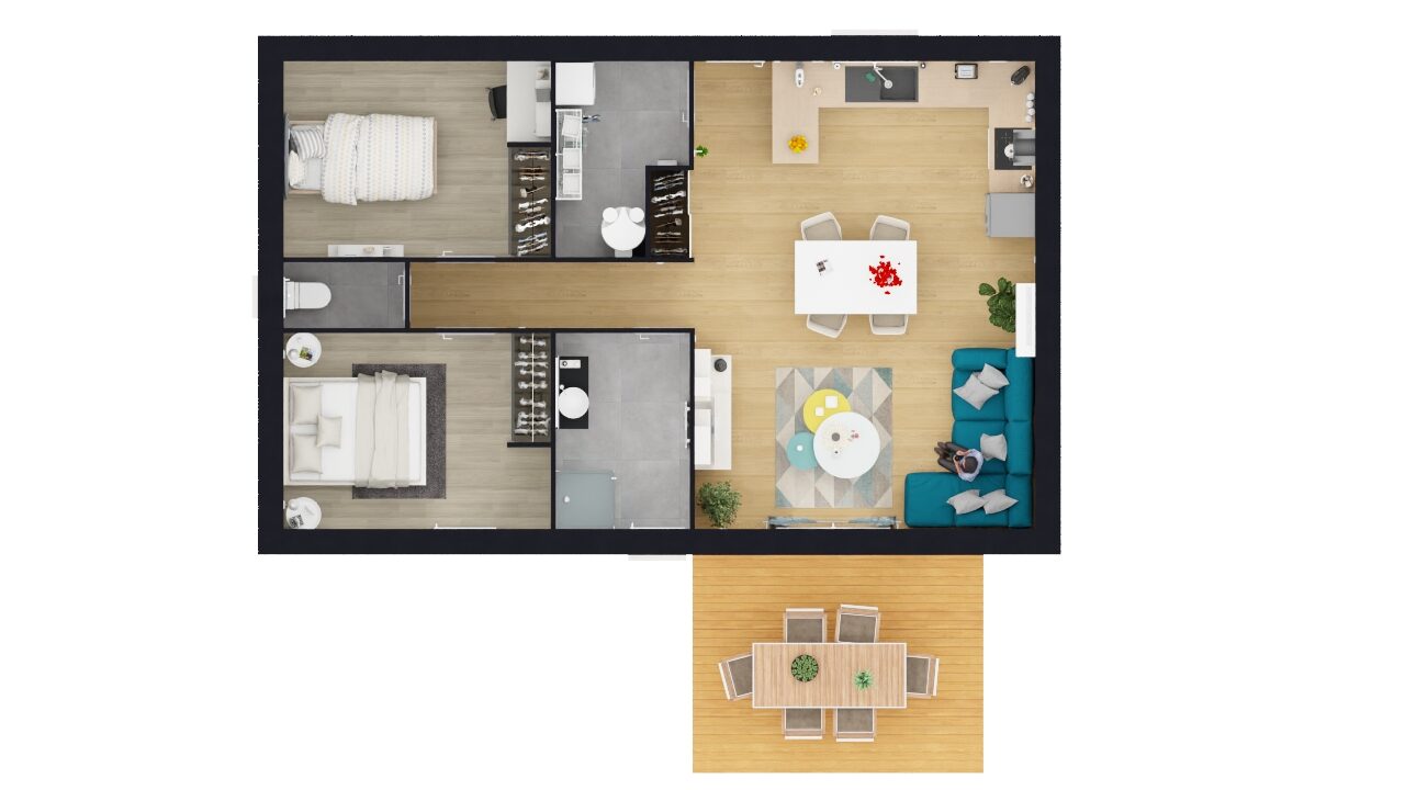 Plan de maison de plain pied avec 2 chambres