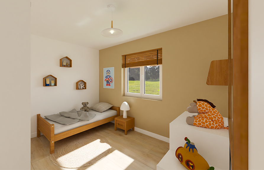 Chambre d'enfant avec lit simple et commode