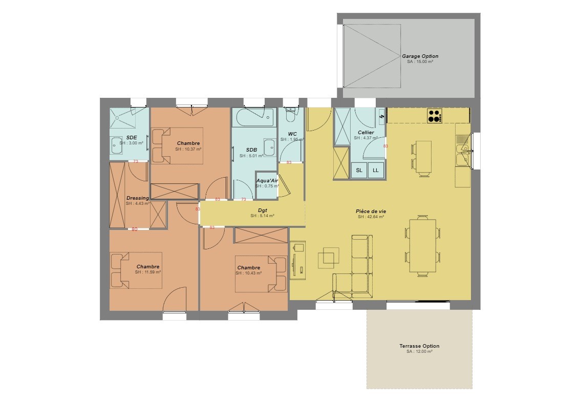 Plan d'une maison de plain pied avec suite parentale